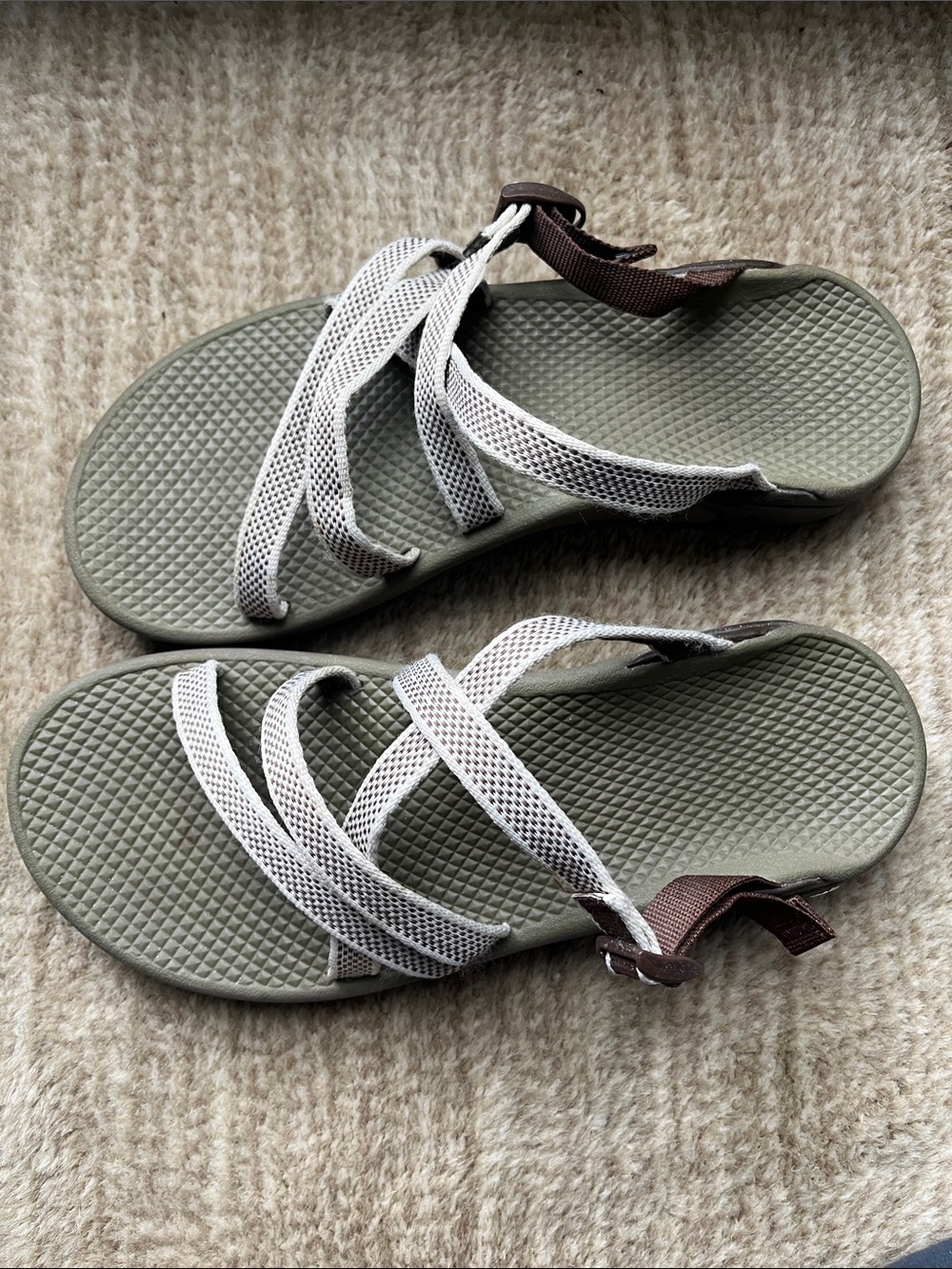 Dark Tan/Brown Chaco Slide Sandals with White Mesh Straps